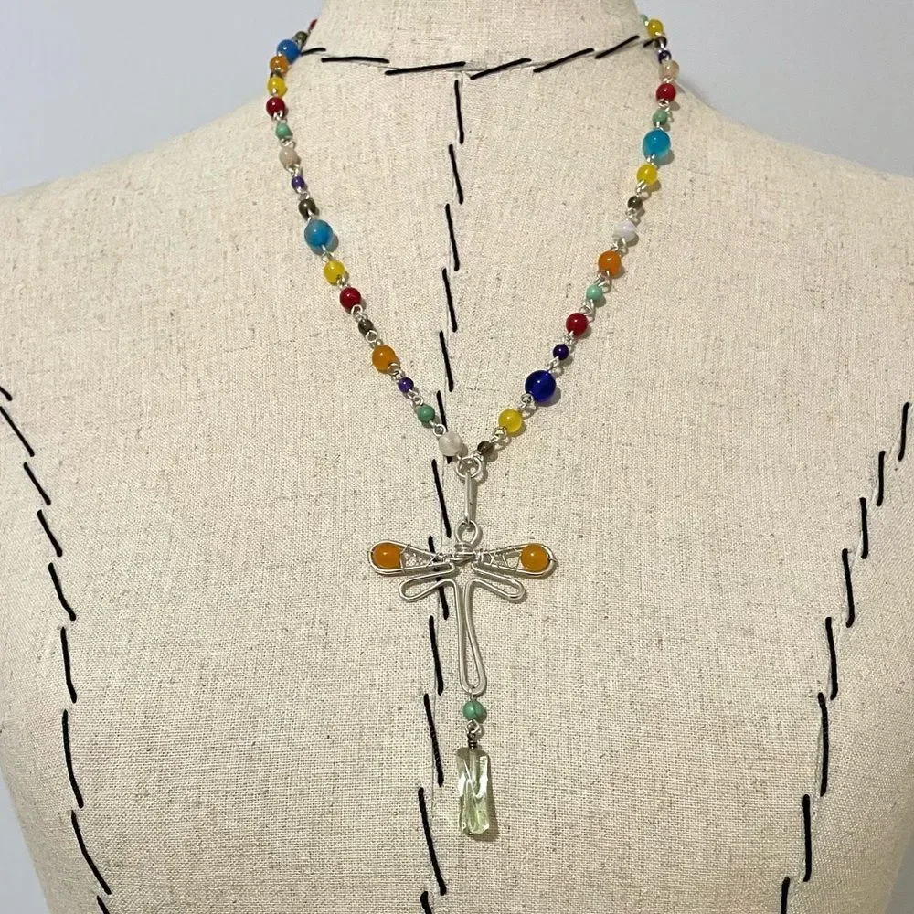 Handmade‎ Silver Dragonfly Rainbow Glass Beaded Necklace Long